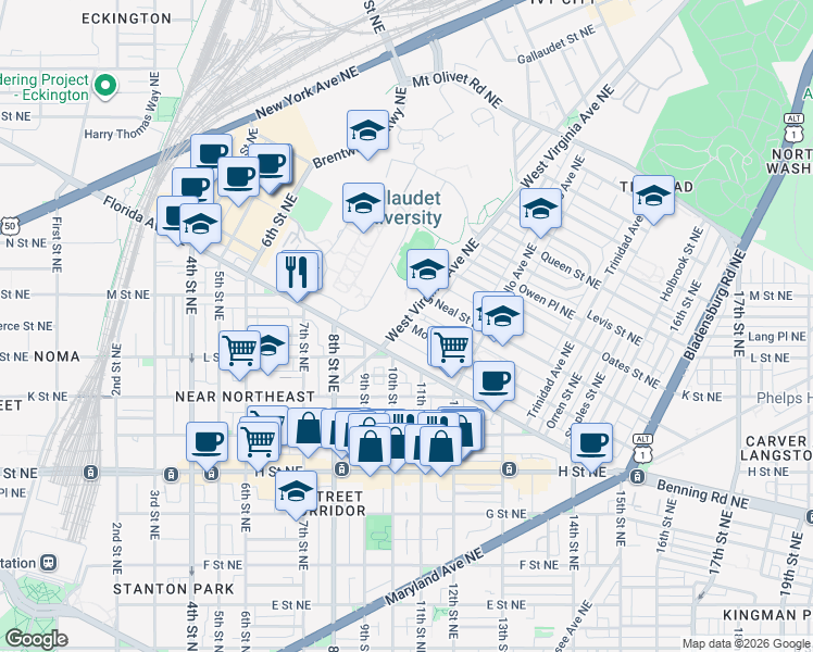 map of restaurants, bars, coffee shops, grocery stores, and more near 101 Independence Avenue Southeast in Washington