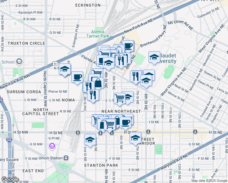 map of restaurants, bars, coffee shops, grocery stores, and more near 101 Independence Avenue Southeast in Washington
