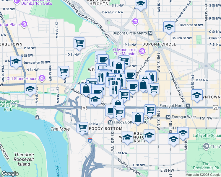 map of restaurants, bars, coffee shops, grocery stores, and more near 1140 23rd Street Northwest in Washington