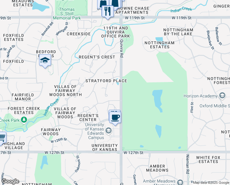 map of restaurants, bars, coffee shops, grocery stores, and more near 12225 Monrovia Street in Overland Park