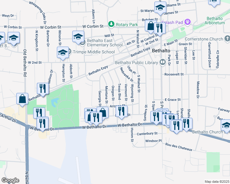 map of restaurants, bars, coffee shops, grocery stores, and more near 514 Texas Boulevard in Bethalto