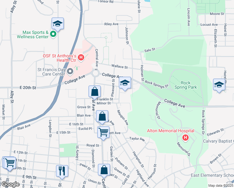 map of restaurants, bars, coffee shops, grocery stores, and more near 1910 Marilla Street in Alton