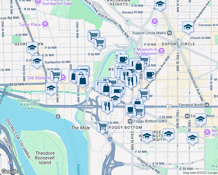 map of restaurants, bars, coffee shops, grocery stores, and more near 1128 25th Street Northwest in Washington