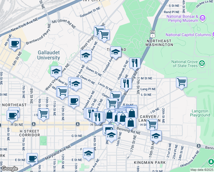 map of restaurants, bars, coffee shops, grocery stores, and more near 1336 Levis Street Northeast in Washington