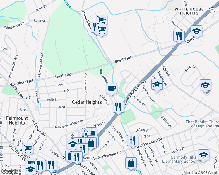 map of restaurants, bars, coffee shops, grocery stores, and more near Glen Willow Drive in Prince George's County