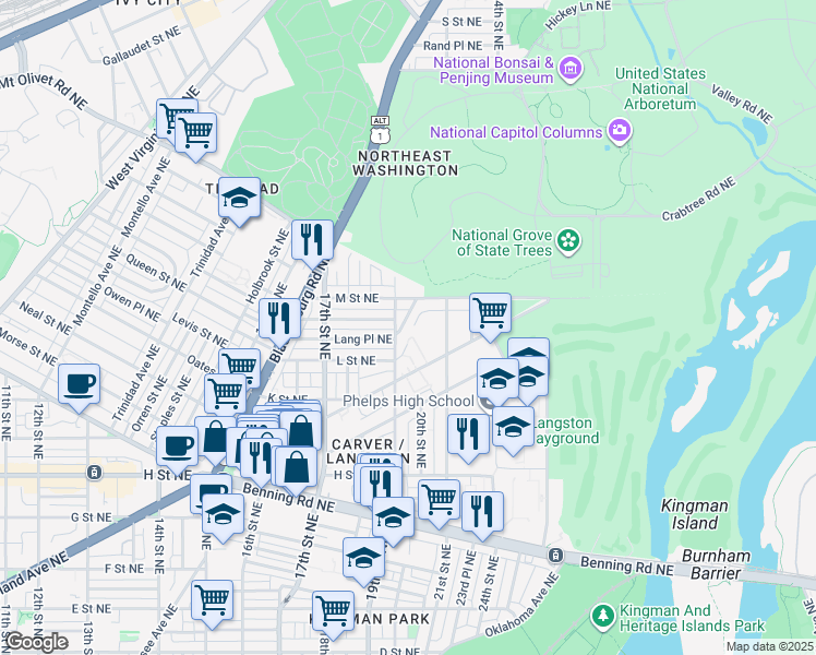 map of restaurants, bars, coffee shops, grocery stores, and more near 101 Independence Avenue Southeast in Washington