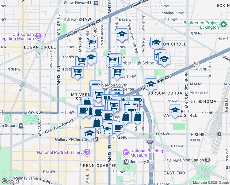 map of restaurants, bars, coffee shops, grocery stores, and more near 101 Independence Avenue Southeast in Washington