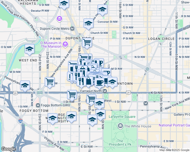 map of restaurants, bars, coffee shops, grocery stores, and more near 1130 Connecticut Avenue Northwest in Washington