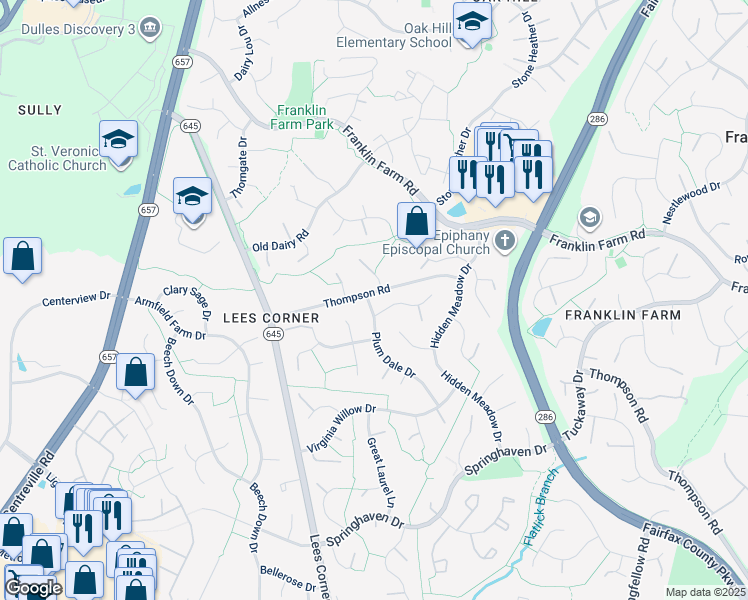 map of restaurants, bars, coffee shops, grocery stores, and more near 3559 Plum Dale Drive in Fairfax
