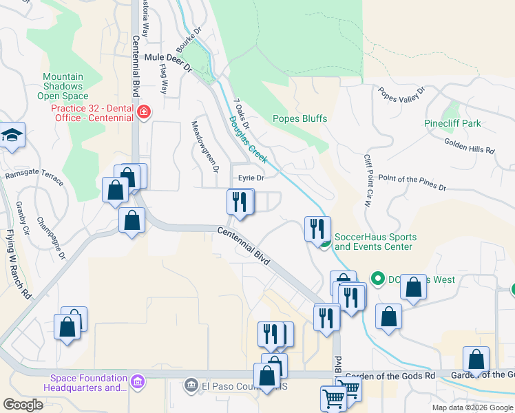 map of restaurants, bars, coffee shops, grocery stores, and more near 1660 Pinon Glen Circle in Colorado Springs