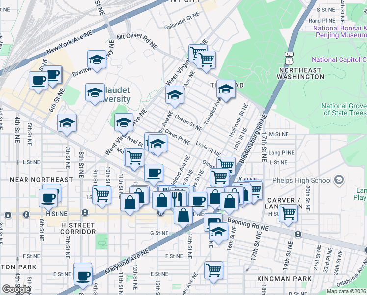 map of restaurants, bars, coffee shops, grocery stores, and more near 101 Independence Avenue Southeast in Washington