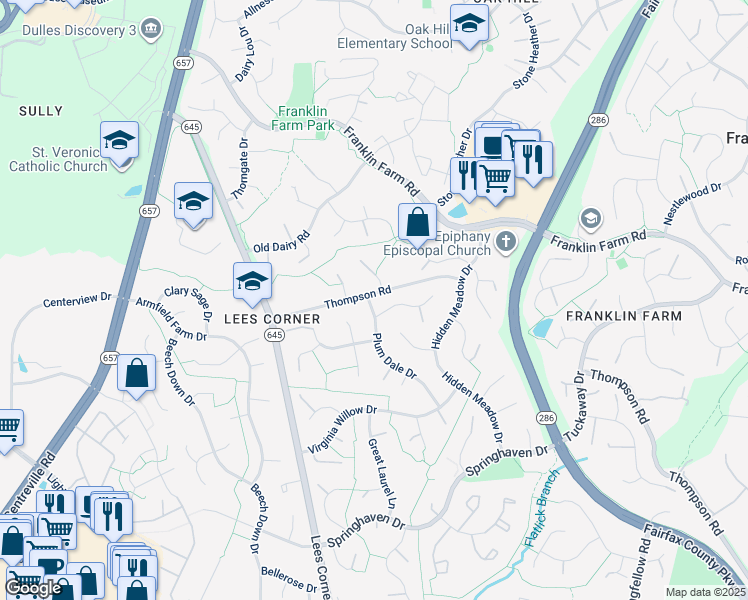 map of restaurants, bars, coffee shops, grocery stores, and more near 3559 Plum Dale Drive in Fairfax