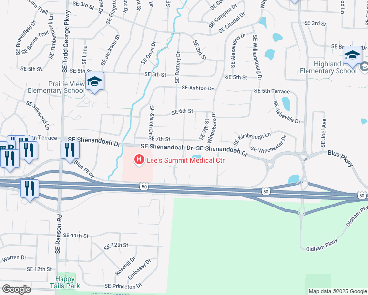 map of restaurants, bars, coffee shops, grocery stores, and more near Shenandoah Drive in Lee's Summit
