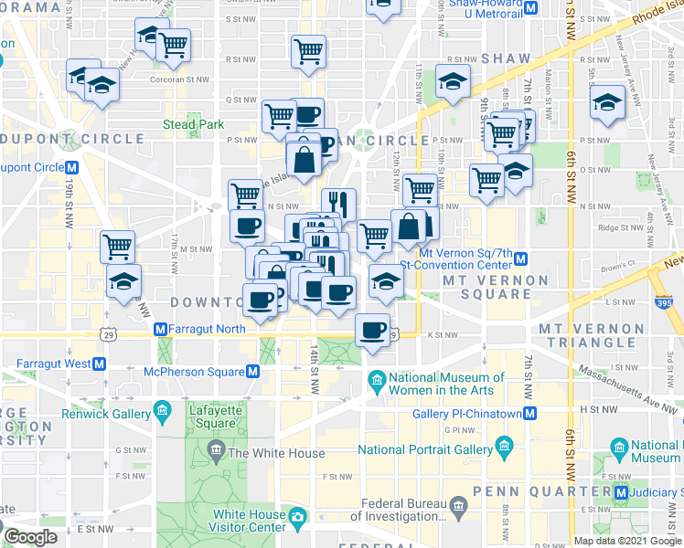 map of restaurants, bars, coffee shops, grocery stores, and more near 1314 Massachusetts Avenue Northwest in Washington