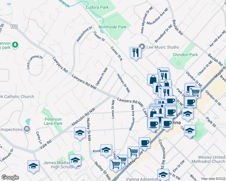 map of restaurants, bars, coffee shops, grocery stores, and more near 609 John Marshall Drive Northwest in Vienna