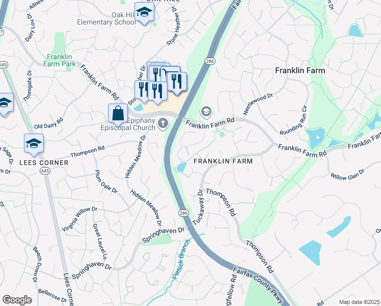 map of restaurants, bars, coffee shops, grocery stores, and more near 13221 Wrenn House Lane in Herndon
