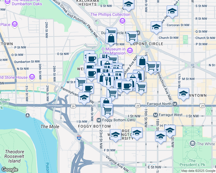 map of restaurants, bars, coffee shops, grocery stores, and more near 1170 22nd Street Northwest in Washington