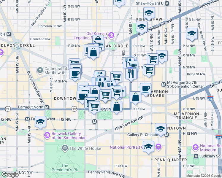 map of restaurants, bars, coffee shops, grocery stores, and more near 1298 Massachusetts Avenue Northwest in Washington