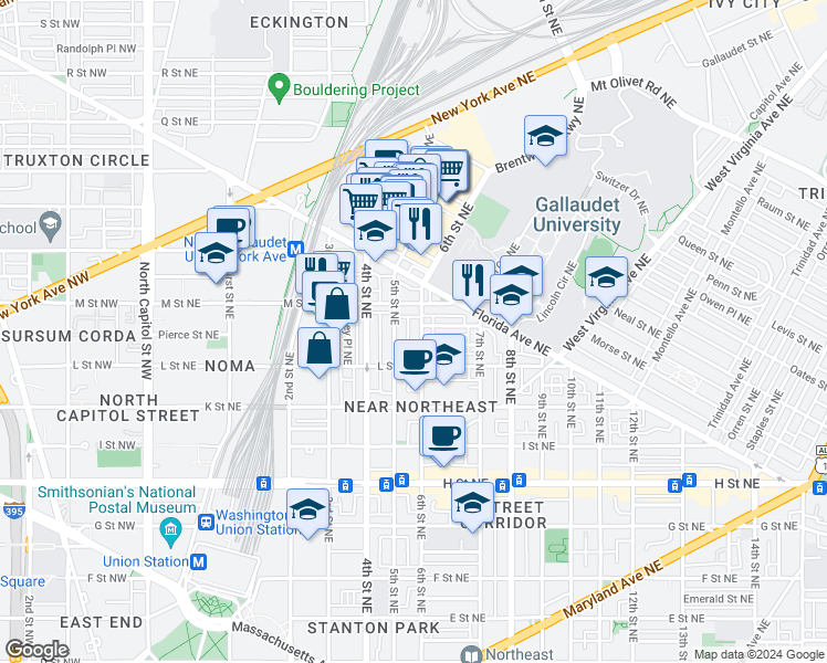map of restaurants, bars, coffee shops, grocery stores, and more near 1134 6th Street Northeast in Washington