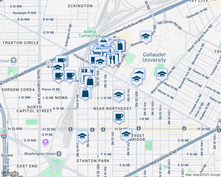 map of restaurants, bars, coffee shops, grocery stores, and more near 1134 6th Street Northeast in Washington