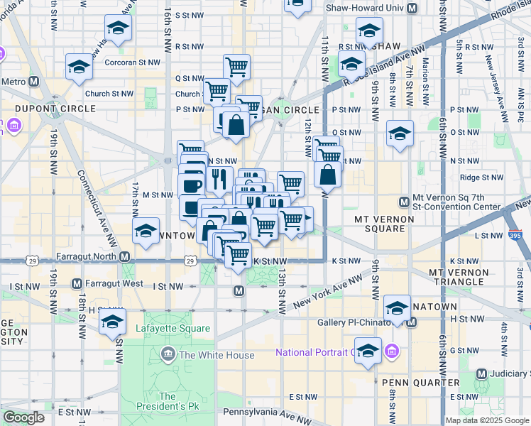 map of restaurants, bars, coffee shops, grocery stores, and more near 1314 Massachusetts Avenue Northwest in Washington
