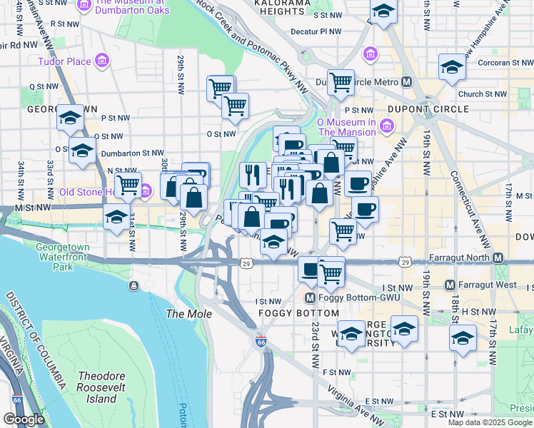 map of restaurants, bars, coffee shops, grocery stores, and more near 1111 25th Street Northwest in Washington