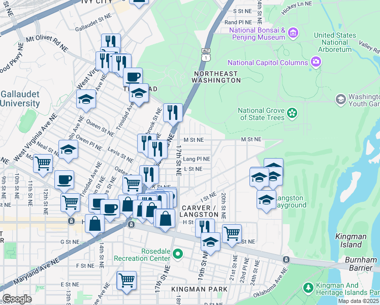 map of restaurants, bars, coffee shops, grocery stores, and more near 1729 Lyman Place Northeast in Washington