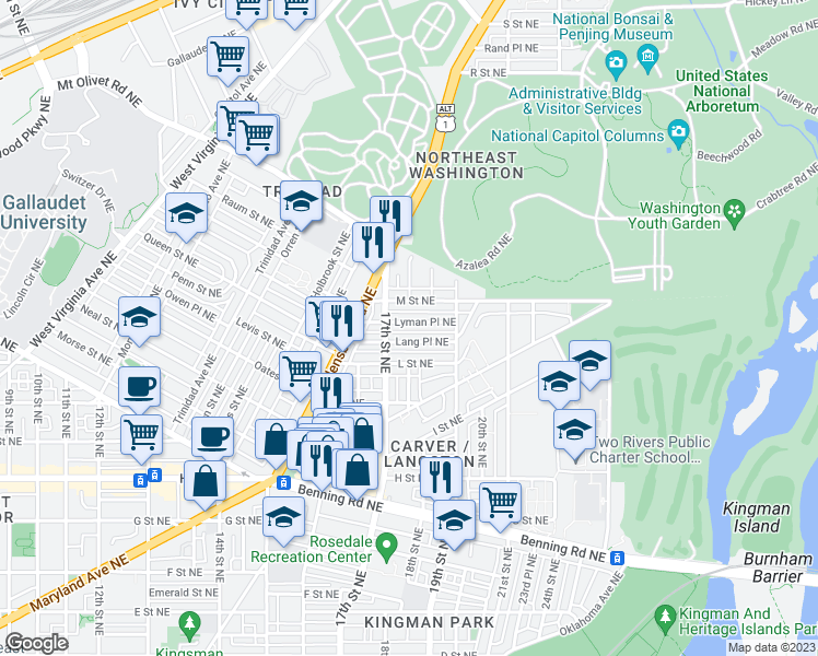 map of restaurants, bars, coffee shops, grocery stores, and more near 1727 Lyman Place Northeast in Washington