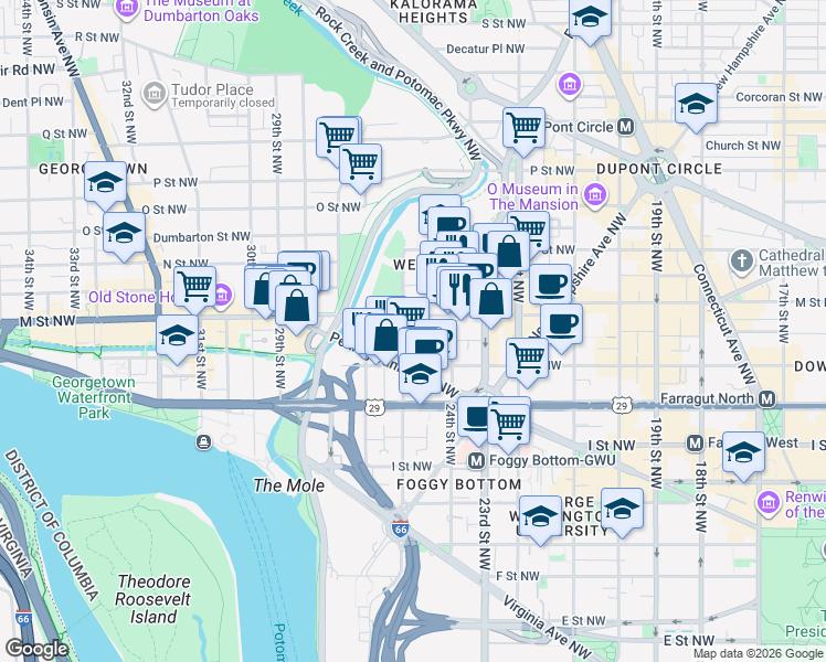 map of restaurants, bars, coffee shops, grocery stores, and more near 2440 M Street Northwest in Washington