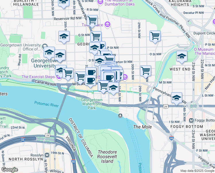 map of restaurants, bars, coffee shops, grocery stores, and more near 1080 Wisconsin Avenue Northwest in Washington