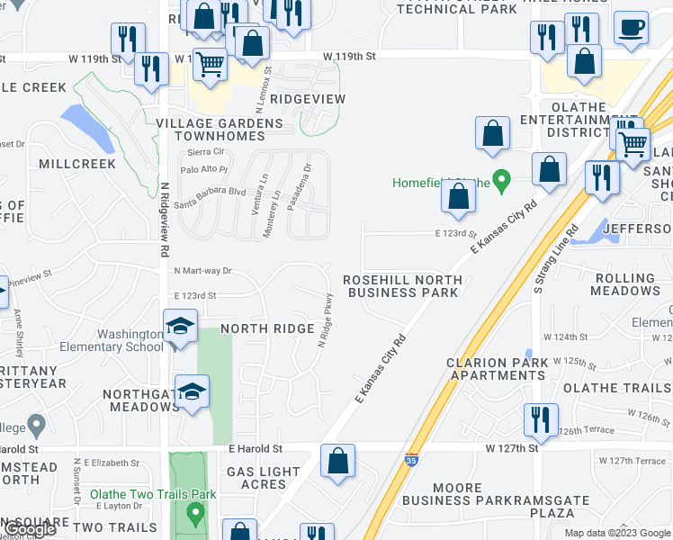 map of restaurants, bars, coffee shops, grocery stores, and more near 1376 North Ridge Parkway in Olathe