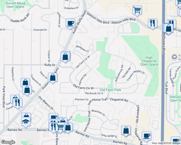map of restaurants, bars, coffee shops, grocery stores, and more near 5075 Horseshoe Bend Street in Colorado Springs