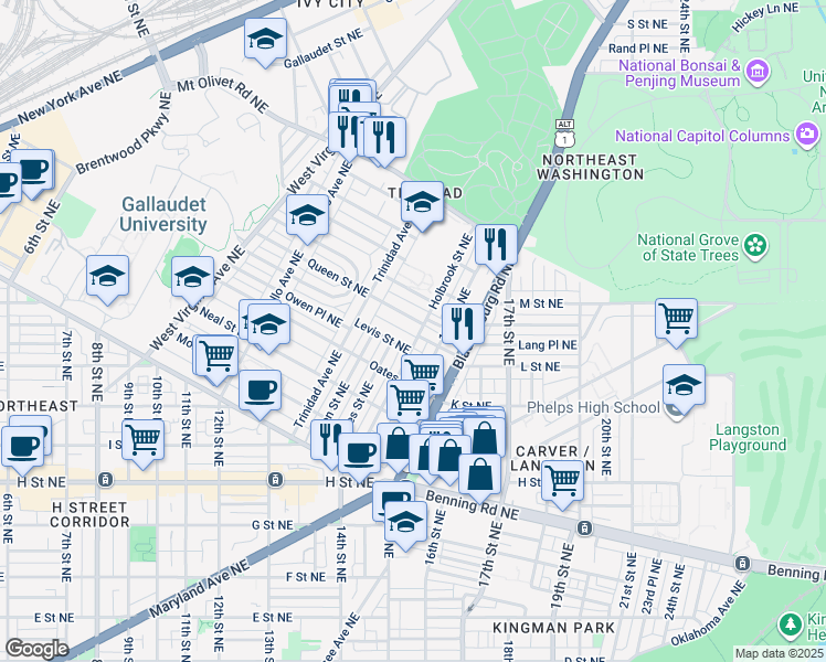 map of restaurants, bars, coffee shops, grocery stores, and more near 101 Independence Avenue Southeast in Washington