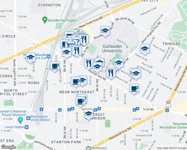 map of restaurants, bars, coffee shops, grocery stores, and more near 101 Independence Avenue Southeast in Washington