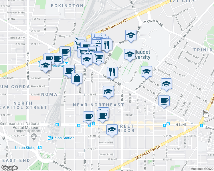 map of restaurants, bars, coffee shops, grocery stores, and more near 101 Independence Avenue Southeast in Washington