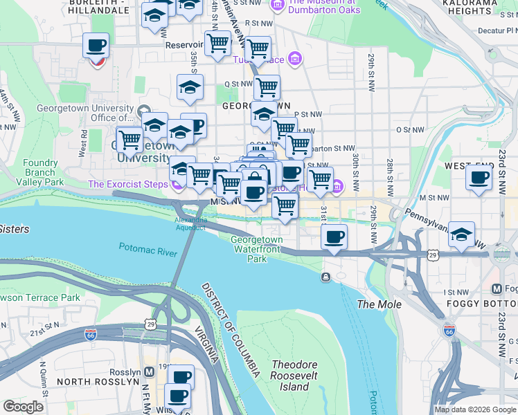 map of restaurants, bars, coffee shops, grocery stores, and more near 3276 M Street Northwest in Washington