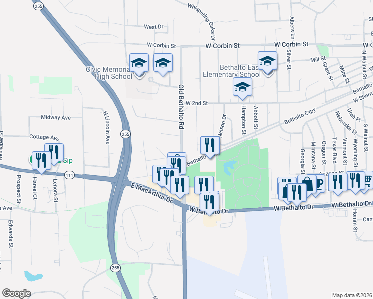 map of restaurants, bars, coffee shops, grocery stores, and more near 114 South Kingdom Street in Bethalto