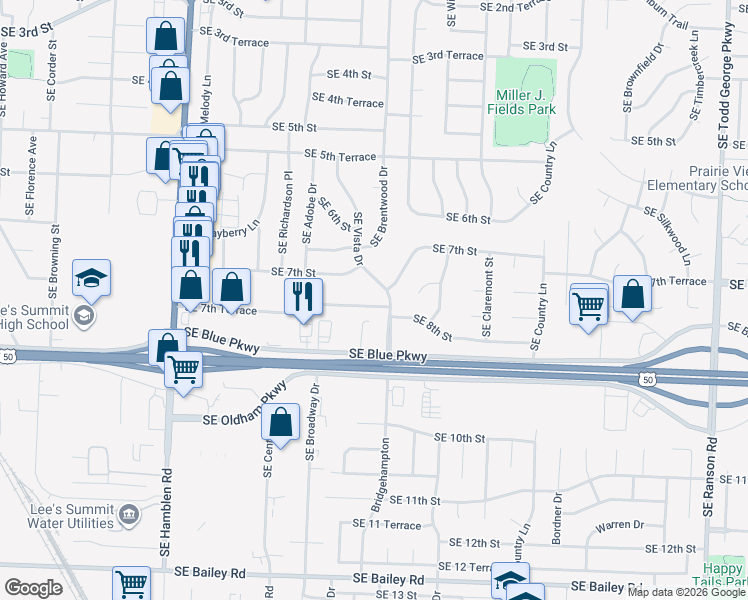 map of restaurants, bars, coffee shops, grocery stores, and more near 704 Southeast Vista Drive in Lee's Summit
