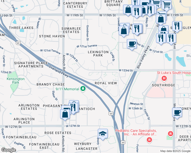 map of restaurants, bars, coffee shops, grocery stores, and more near 12230 Goodman Street in Overland Park