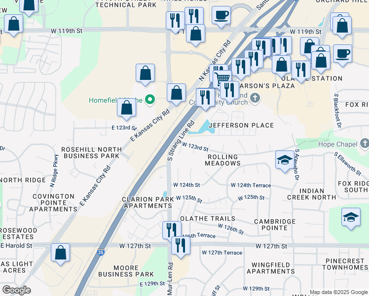 map of restaurants, bars, coffee shops, grocery stores, and more near in Olathe