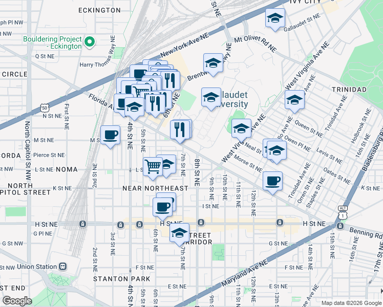 map of restaurants, bars, coffee shops, grocery stores, and more near 101 Independence Avenue Southeast in Washington