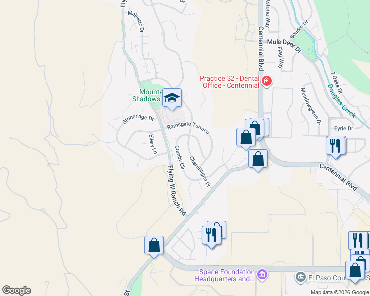 map of restaurants, bars, coffee shops, grocery stores, and more near 4940 Champagne Drive in Colorado Springs