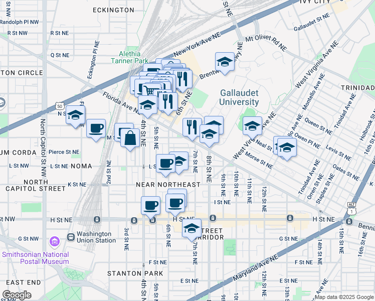 map of restaurants, bars, coffee shops, grocery stores, and more near 647 Orleans Place Northeast in Washington