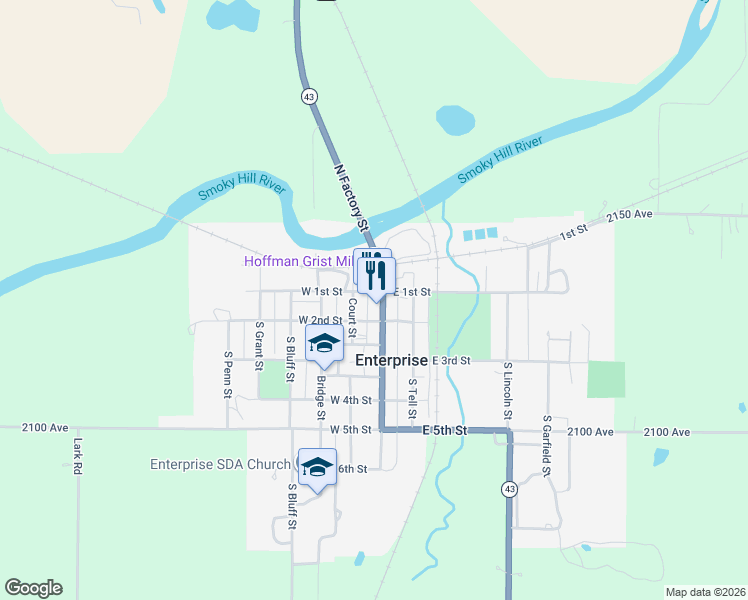 map of restaurants, bars, coffee shops, grocery stores, and more near 105 S Factory in Enterprise