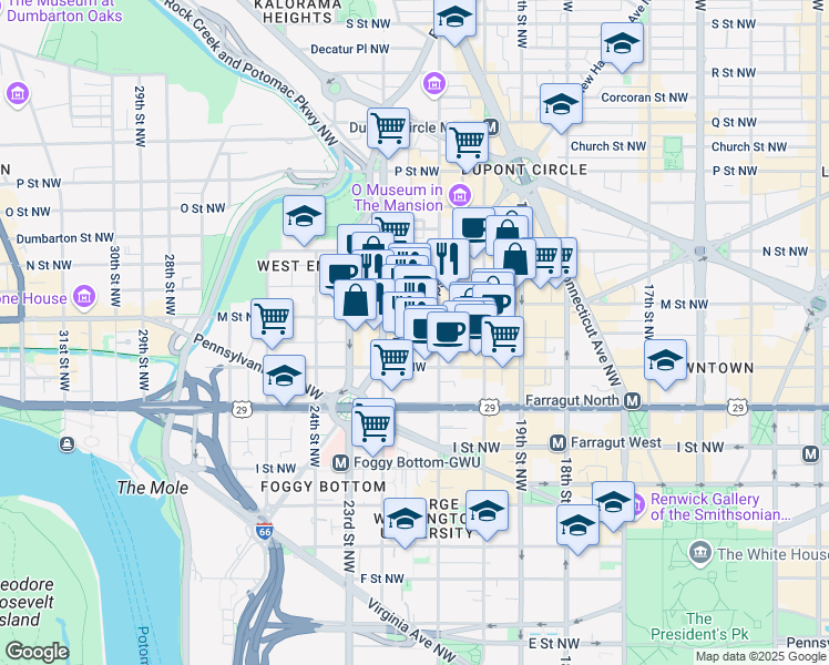 map of restaurants, bars, coffee shops, grocery stores, and more near 1143 New Hampshire Avenue Northwest in Washington