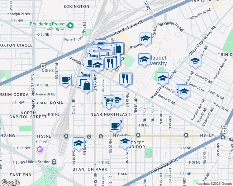map of restaurants, bars, coffee shops, grocery stores, and more near 101 Independence Avenue Southeast in Washington