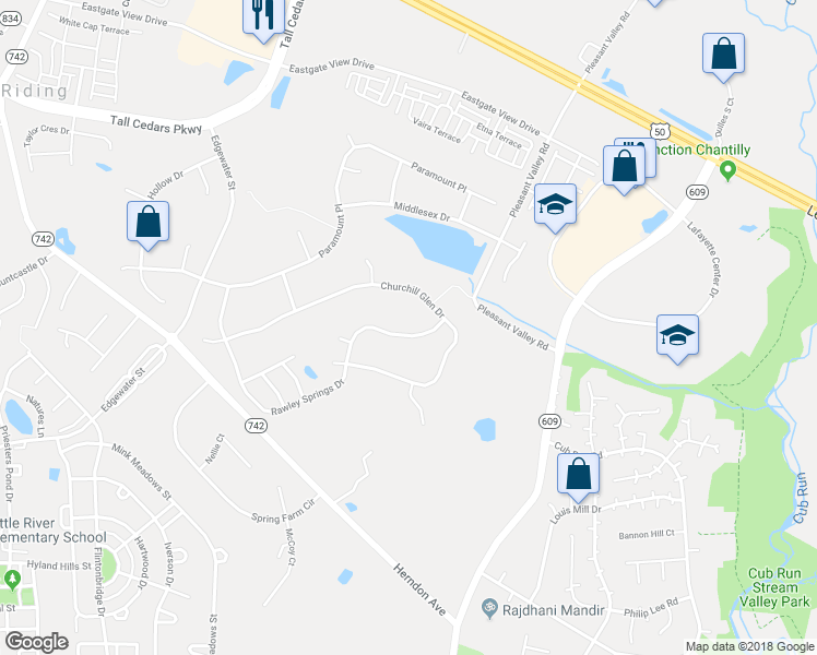 map of restaurants, bars, coffee shops, grocery stores, and more near 25890 Rawley Springs Drive in Chantilly