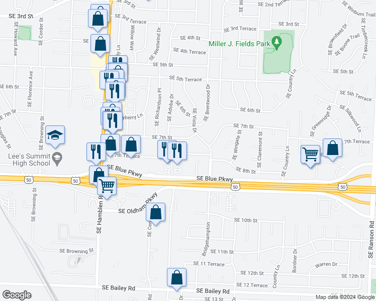 map of restaurants, bars, coffee shops, grocery stores, and more near 1020 Southeast 7th Terrace in Lee's Summit