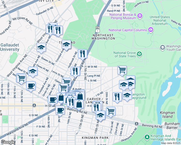 map of restaurants, bars, coffee shops, grocery stores, and more near 1727 Lyman Place Northeast in Washington