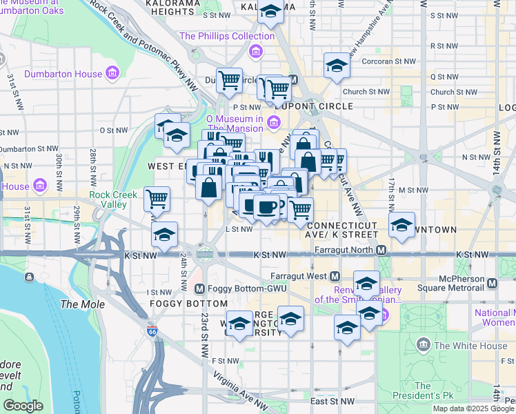 map of restaurants, bars, coffee shops, grocery stores, and more near 2100 M Street Northwest in Washington